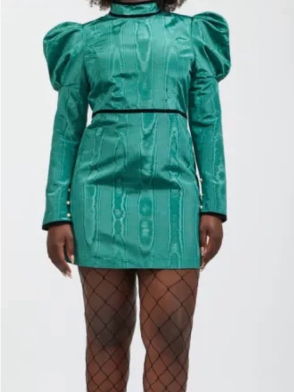 Batsheva Emerald Green High-Neck Puff Sleeve Mini Dress